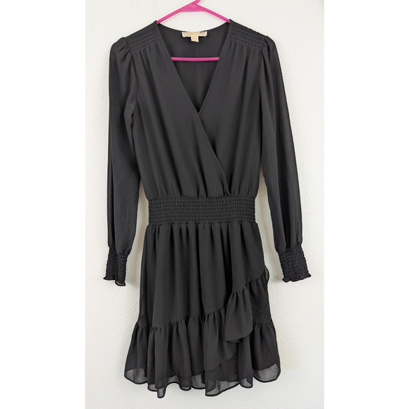 Michael Kors sz S Faux Wrap smocked waist Dress black layered ruffles 2846 - Picture 1 of 7